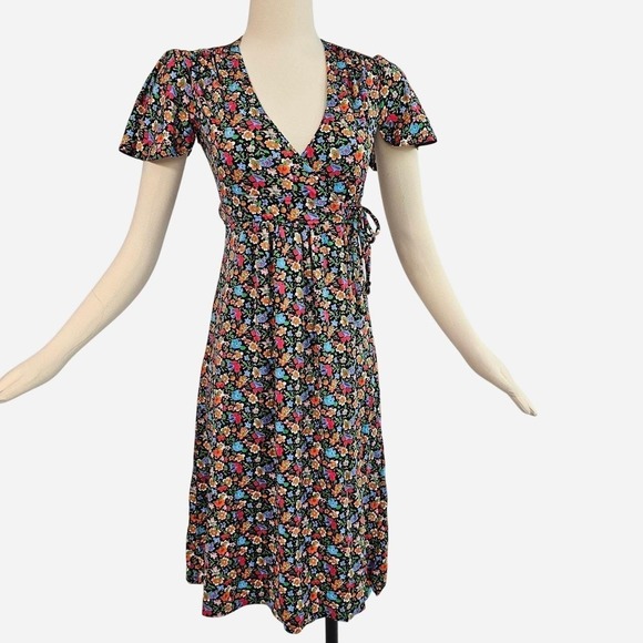 Flowers by Zoe Dresses & Skirts - Vintage Rainbow Floral Wrap Dress w/ Tie Waist Fluttery Sleeve Black Gown V-neck